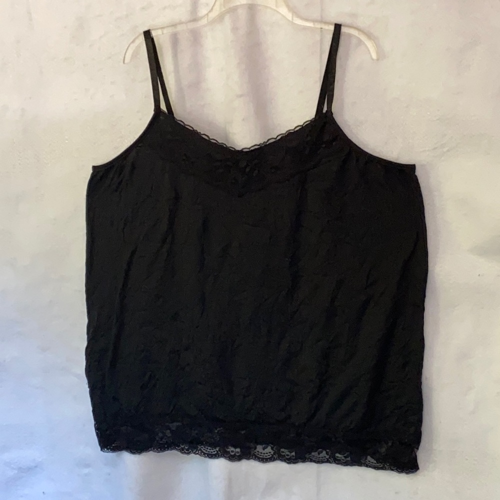 Woman Within Sexy Black Lace Trim Crinkle Cami Tank Top Plus 1X 22/24